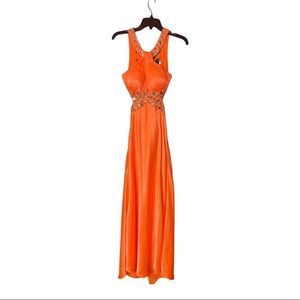 BETSY & ADAM Orange Crystal Jeweled Open Back Formal Gown